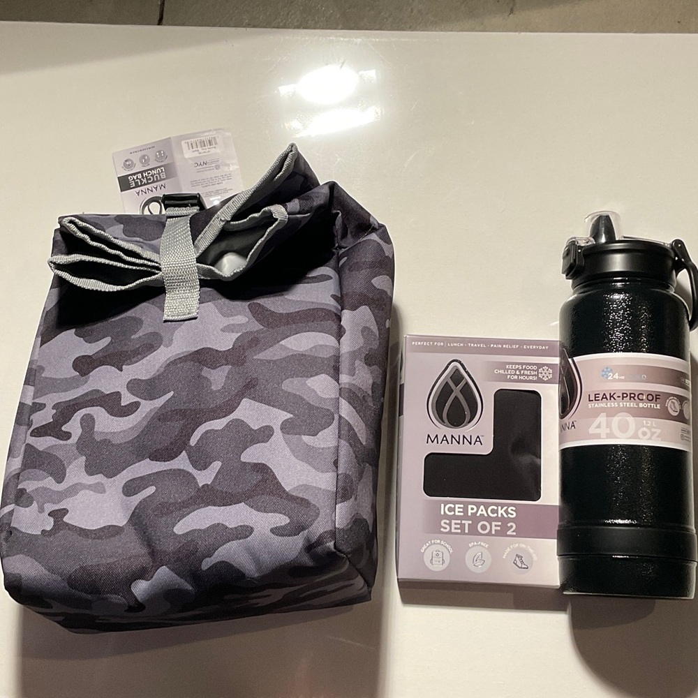 Manna Camouflage Lunch Bag, Ice Packs, and Water Bottle Set - Black and Gray